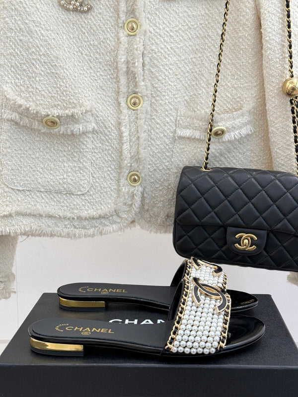 CC Slide Sandals In Black And White Pearl