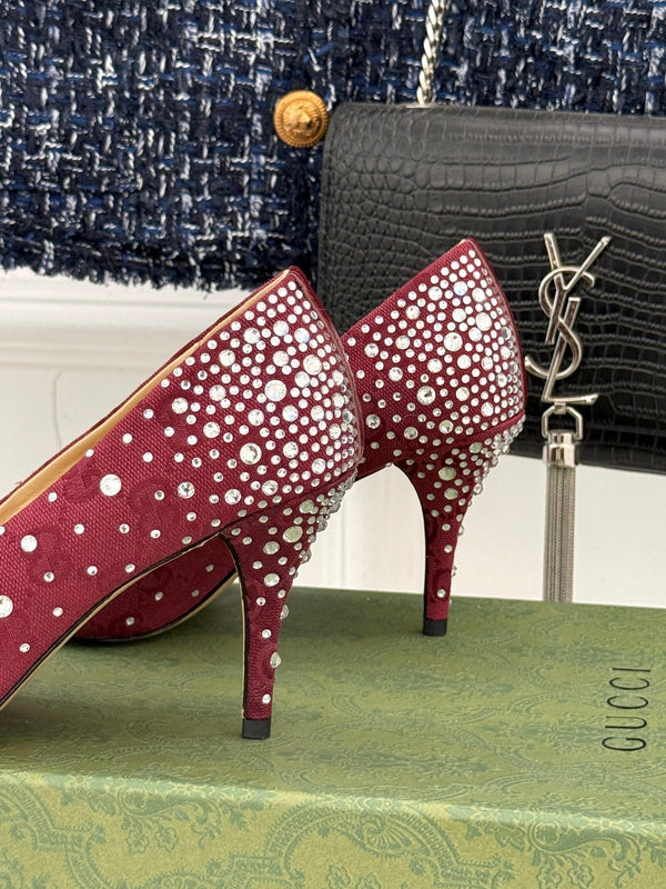 GG Pump 85 Red Ebony Canvas Crystal-Embellished