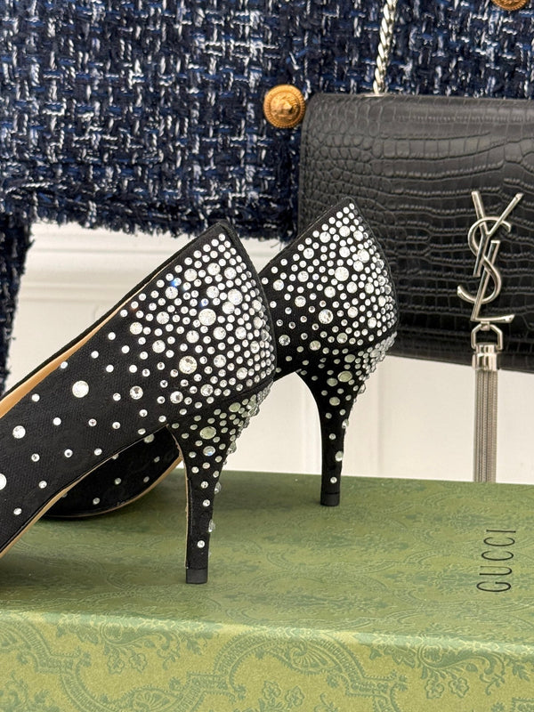 GG Pump 85 Black Ebony Canvas Crystal-Embellished