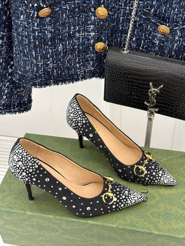 GG Pump 85 Black Ebony Canvas Crystal-Embellished