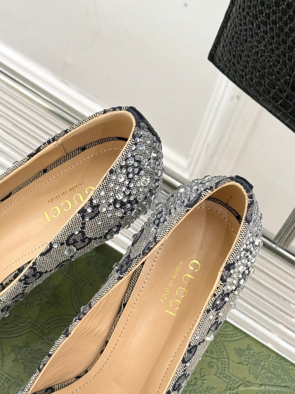 GG Pump 85 Beige Black Ebony Canvas Crystal-Embellished