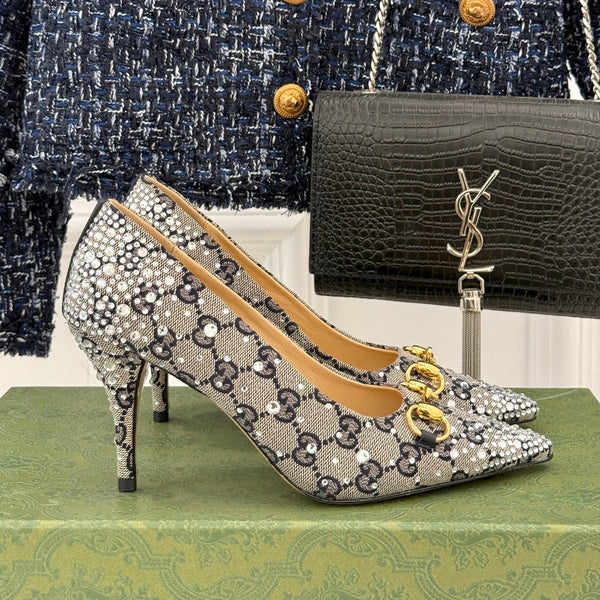 GG Pump 85 Beige Black Ebony Canvas Crystal-Embellished