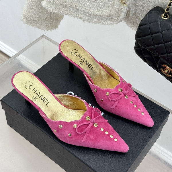 CC 25C Bowknot Pointed High Heel Half Slippers 60mm Pink Suede 265656