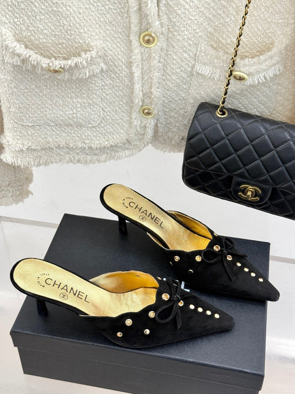 CC 25C Bowknot Pointed High Heel Half Slippers 60mm Black Suede 265657