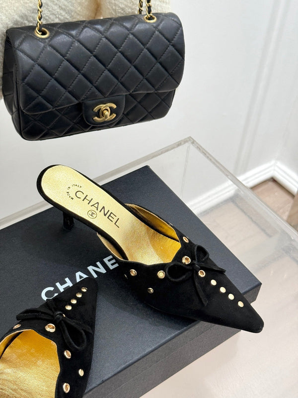 CC 25C Bowknot Pointed High Heel Half Slippers 60mm Black Suede 265657