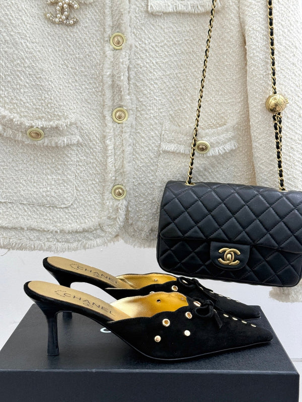 CC 25C Bowknot Pointed High Heel Half Slippers 60mm Black Suede 265657