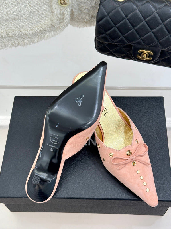 CC 25C Bowknot Pointed High Heel Half Slippers 60mm Peach Suede 265659