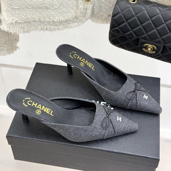 CC 25C Bowknot Pointed High Heel Half Slippers 60mm Black Linen 265662