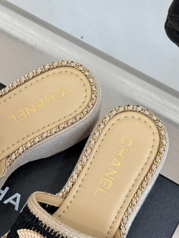 CC Mesh Hollow Chain Double C Thick-Soled Slippers 70mm Beige Black 265650