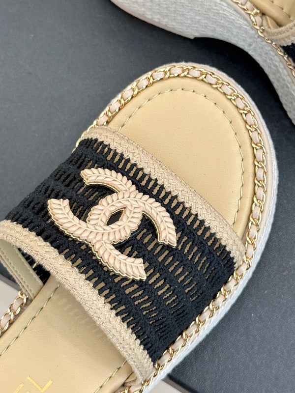 CC Mesh Hollow Chain Double C Thick-Soled Slippers 70mm Beige Black 265650