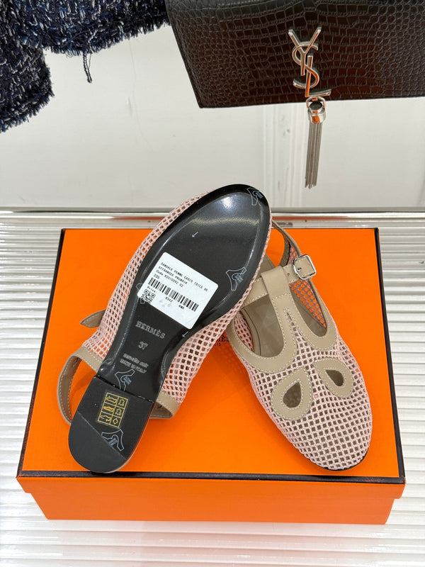 HM 25WF Flat Sandals Mesh Cutout Light Taupe Calfskin 571918