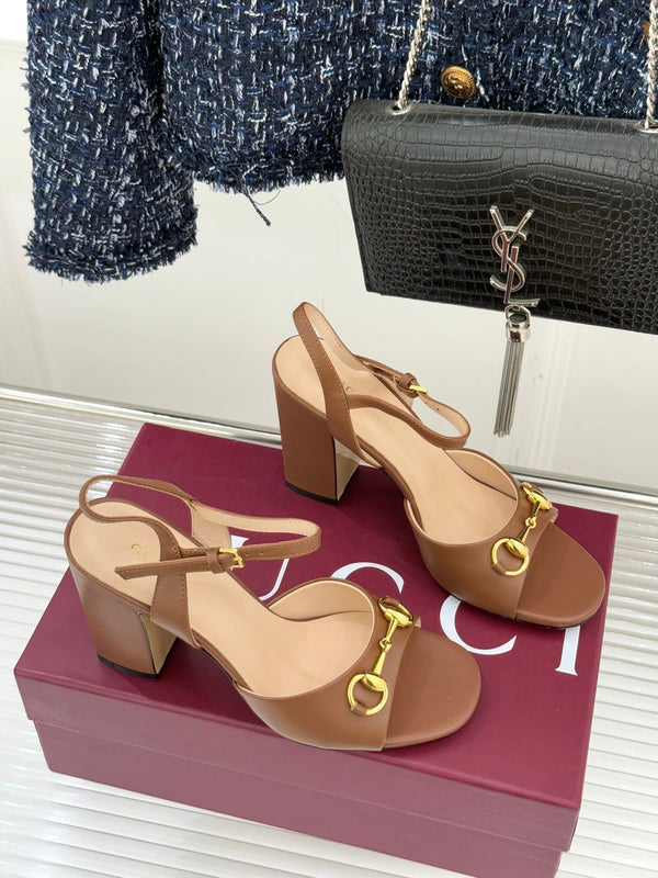 GG 26WF Chunky Heel Sandals 6.5cm Brown Sheepskin 632559