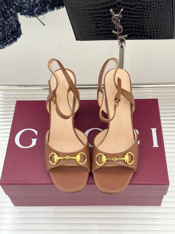 GG 26WF Chunky Heel Sandals 6.5cm Brown Sheepskin 632559