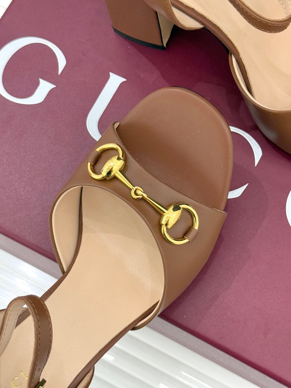 GG 26WF Chunky Heel Sandals 6.5cm Brown Sheepskin 632559