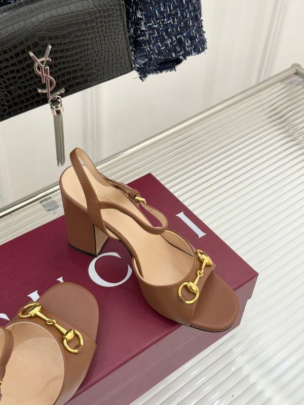 GG 26WF Chunky Heel Sandals 6.5cm Brown Sheepskin 632559