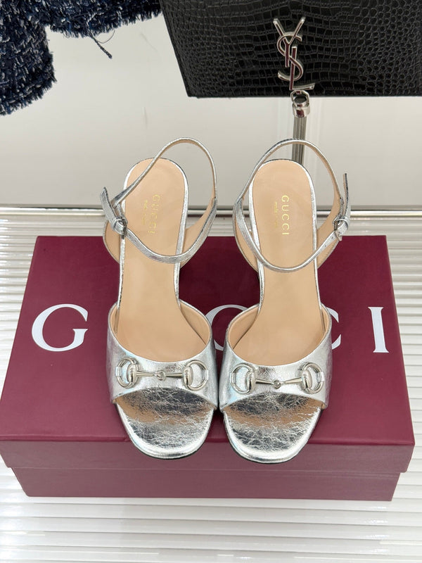 GG 26WF Chunky Heel Sandals 5cm Silver Metallic Sheepskin 632561
