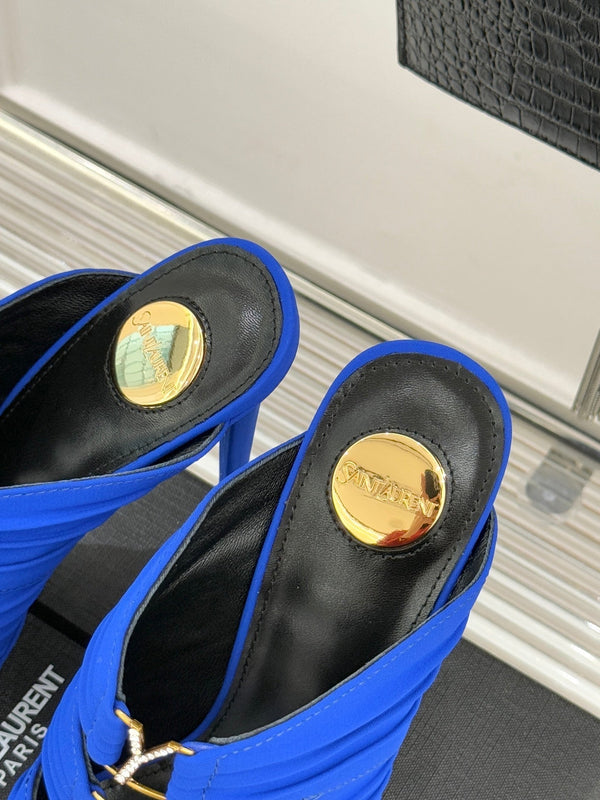 YSL Emilie Stiletto Mule Sandals 11cm Blue Satin 642915