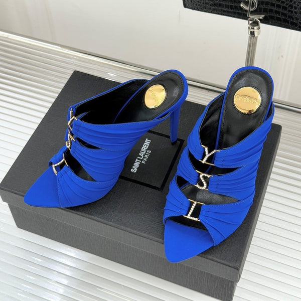 YSL Emilie Stiletto Mule Sandals 11cm Blue Satin 642915