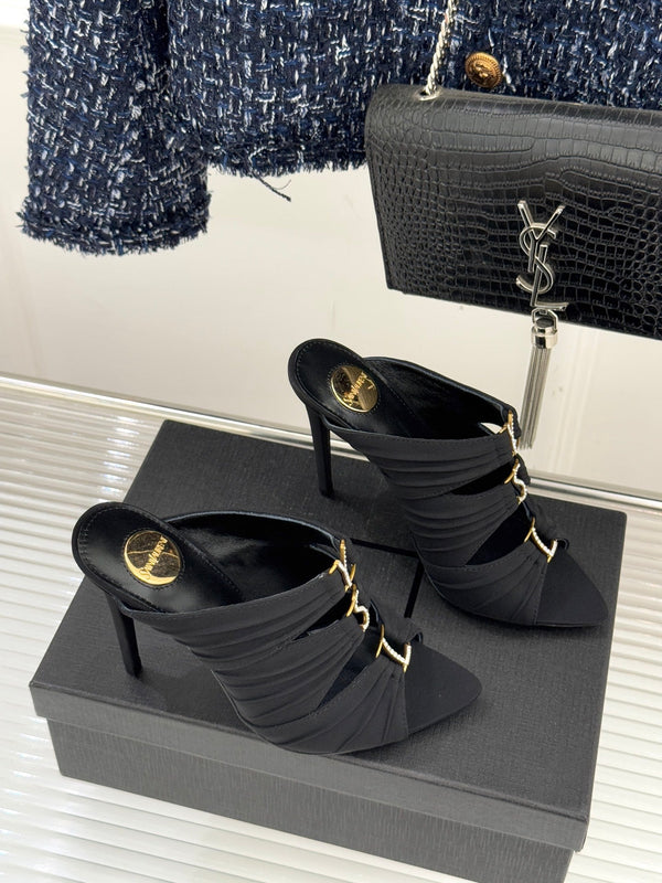 YSL Emilie Stiletto Mule Sandals 11cm Black Satin 642916