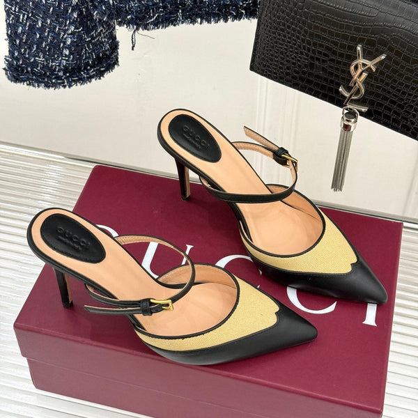 GG 26WF Mules 9.5cm Black Beige Leather Canvas 886166