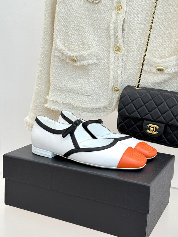 CC 26s Square-Toe Mary Jane Shoes Orange White Leather 920420