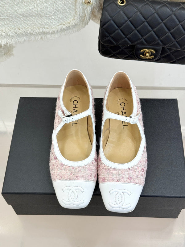 CC 26s Square-Toe Mary Jane Shoes Pink White Tweed Leather 920422