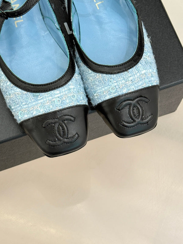 CC 26s Square-Toe Mary Jane Shoes Black Blue Tweed Leather 920423