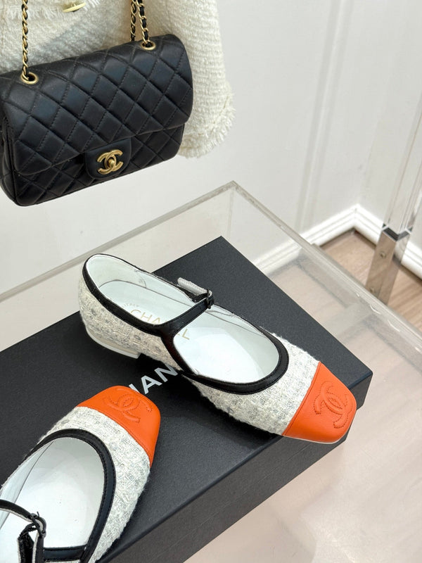 CC 26s Square-Toe Mary Jane Shoes Orange White Tweed Leather 920424