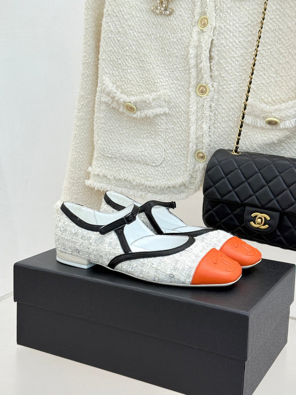 CC 26s Square-Toe Mary Jane Shoes Orange White Tweed Leather 920424