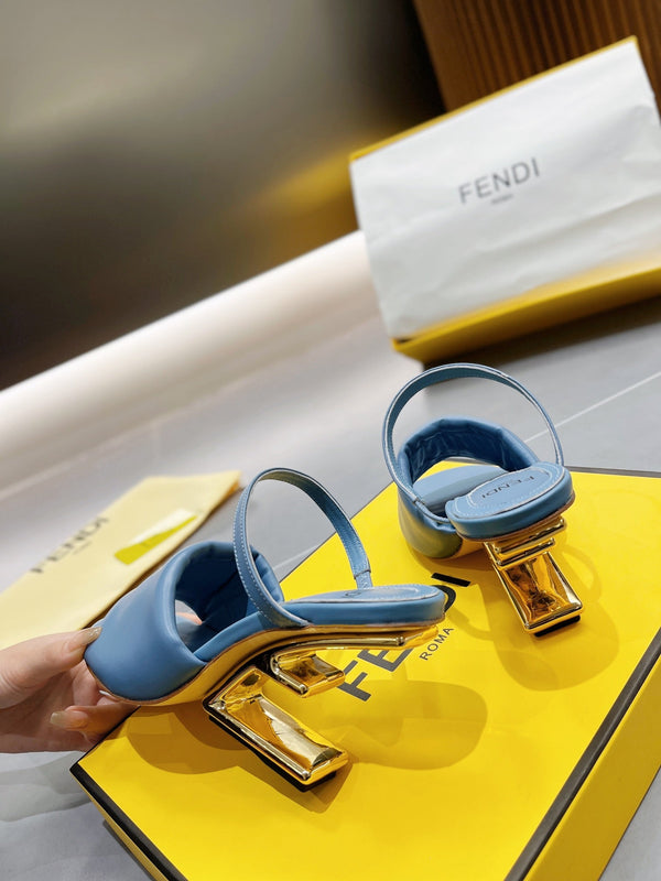 FENDI BAGUETTE HIGH-HEEL SANDALS 8 CM IN CERULEAN BLUE CALFSKIN