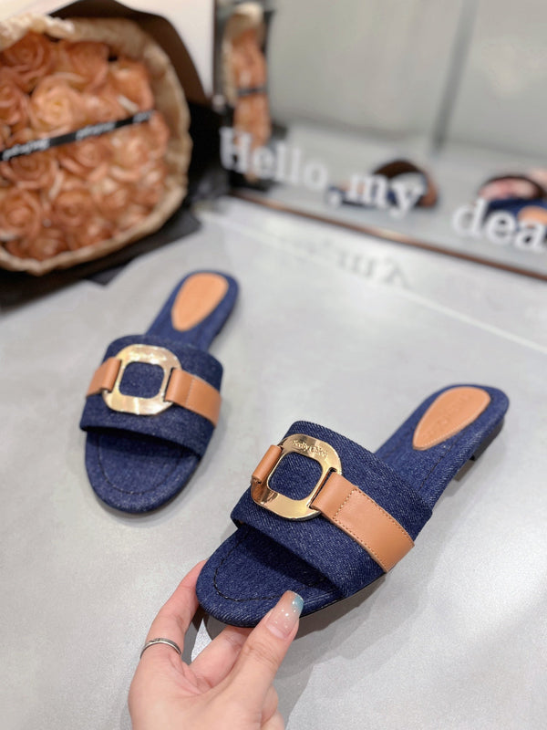 CHLOÉ SLIDE MULE IN NAVY BLUE DENIM AND BROWN CALFSKIN GOLD HARDWARE