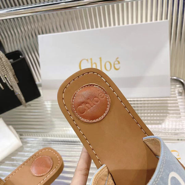CHLOÉ WOODY MULE IN LIGHT BLUE DENIM WITH WHITE LOGO