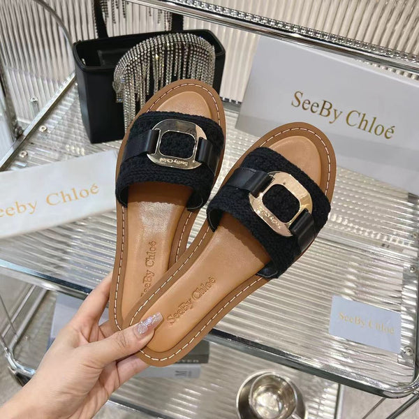 CHLOÉ WOVEN SLIDE MULE IN BLACK WOOL AND BROWN LAMBSKIN GOLD HARDWARE