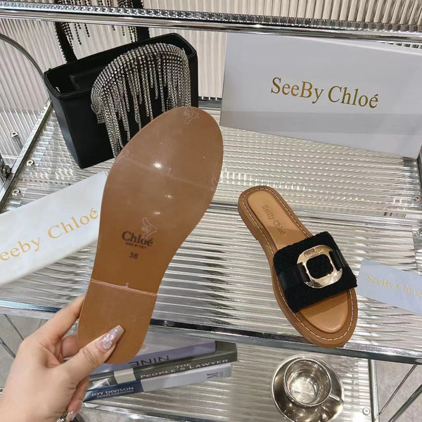 CHLOÉ WOVEN SLIDE MULE IN BLACK WOOL AND BROWN LAMBSKIN GOLD HARDWARE