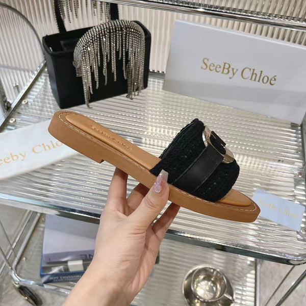 CHLOÉ WOVEN SLIDE MULE IN BLACK WOOL AND BROWN LAMBSKIN GOLD HARDWARE