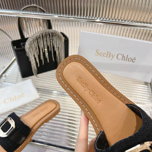 CHLOÉ WOVEN SLIDE MULE IN BLACK WOOL AND BROWN LAMBSKIN GOLD HARDWARE