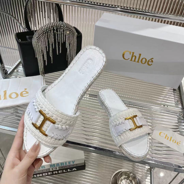 CHLOÉ WOVEN SLIPPER IN WHITE WOOL AND LAMBSKIN GOLD HARDWARE