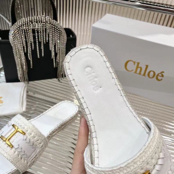 CHLOÉ WOVEN SLIPPER IN WHITE WOOL AND LAMBSKIN GOLD HARDWARE