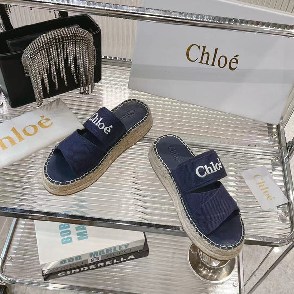 CHLOÉ MILA PLATFORM 5 CM IN NAVY BLUE FABRIC AND BEIGE RAFFIA
