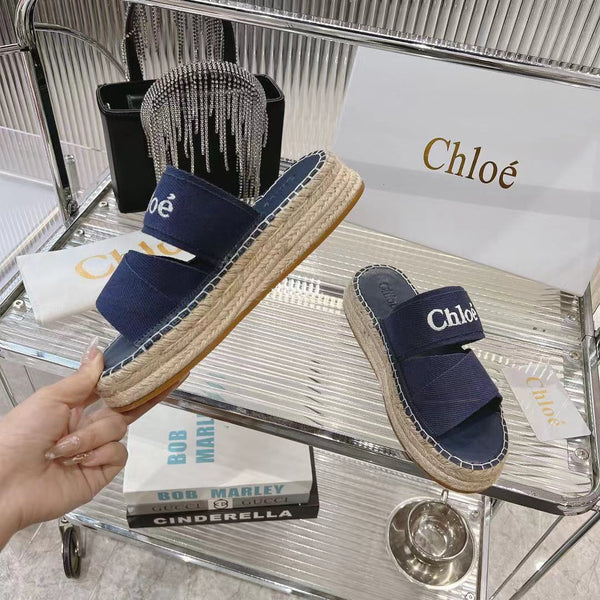 CHLOÉ MILA PLATFORM 5 CM IN NAVY BLUE FABRIC AND BEIGE RAFFIA