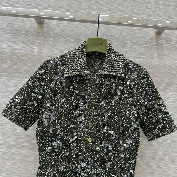 Gucci Knitted Polo Short-sleeved Top Green Wool