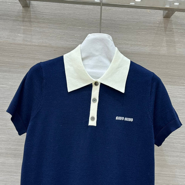 Miu Miu 25 Polo Collar Short-sleeve Knitted Top Blue Wool