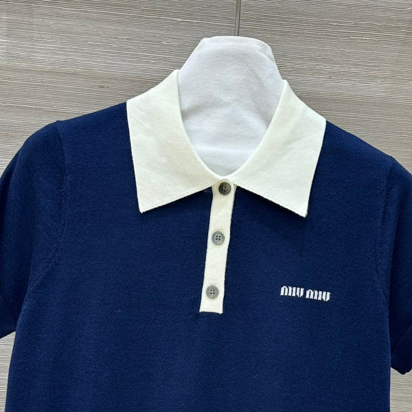 Miu Miu 25 Polo Collar Short-sleeve Knitted Top Blue Wool