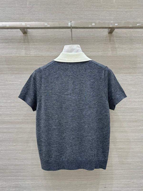 Miu Miu 25 Polo Collar Maglia a maniche corte in maglia di lana grigia