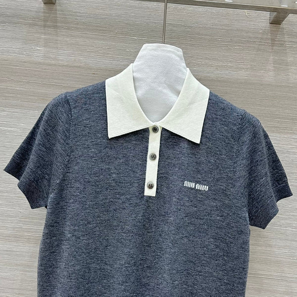 Miu Miu 25 Polo Collar Maglia a maniche corte in maglia di lana grigia