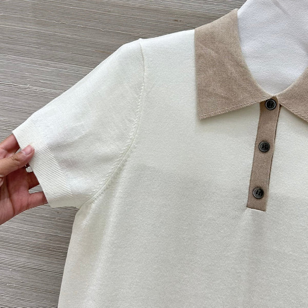 Miu Miu 25 Polo Collar Short-sleeve Knitted Top Beige Wool