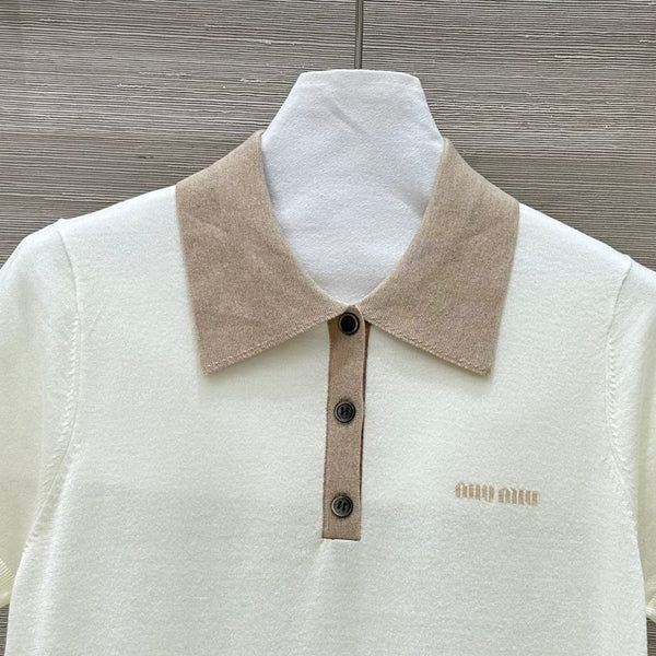 Miu Miu 25 Polo Collar Short-sleeve Knitted Top Beige Wool