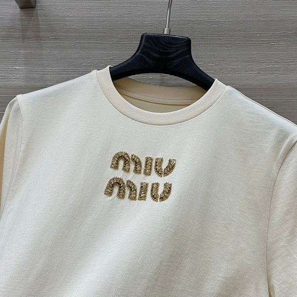 Miu Miu 25 Ribbed Cotton T-shirt Ivory Cotton
