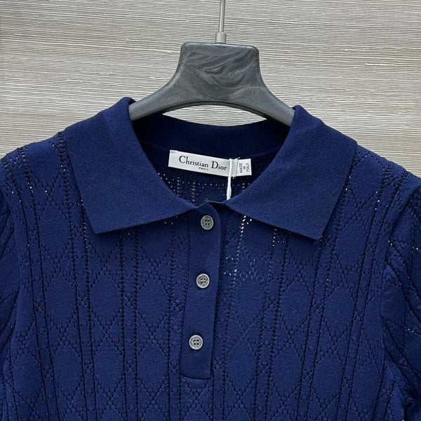 CD 25 Hollow Polo Knitted Short-sleeved Top Blue Silk Wool