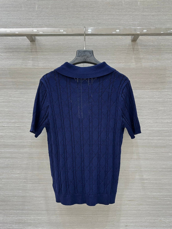 CD 25 Hollow Polo Knitted Short-sleeved Top Blue Silk Wool